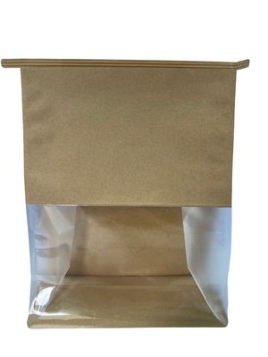 Niedrigger Geruch Braunes Papier Flachbodenbeutel mit angepasstem Fenster und Blechschleife