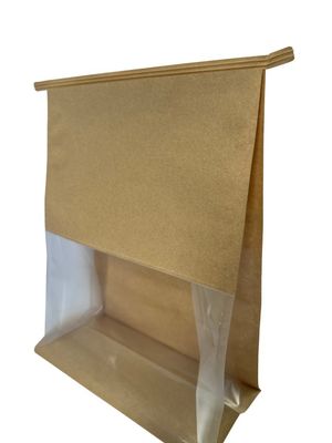 Niedrigger Geruch Braunes Papier Flachbodenbeutel mit angepasstem Fenster und Blechschleife