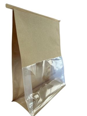 Niedrigger Geruch Braunes Papier Flachbodenbeutel mit angepasstem Fenster und Blechschleife